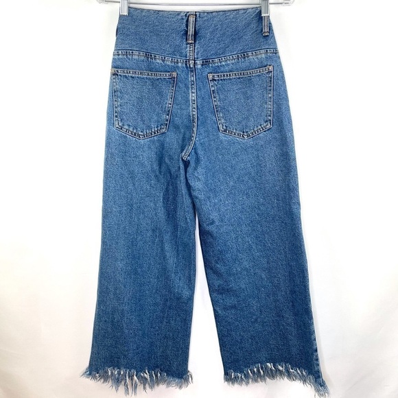 Zara Vintage Style High Waisted Culotte Frayed Hem Blue Denim Jeans Sz 00 - Picture 9 of 10